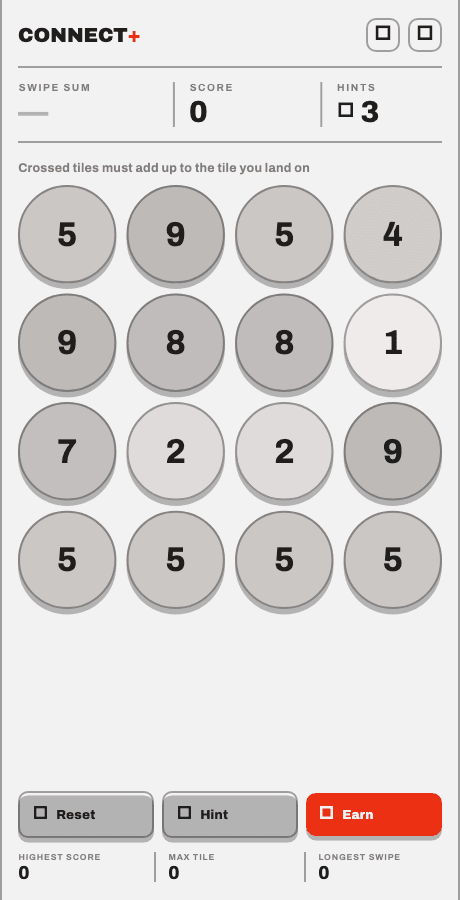 Connect+ gameplay board with number tiles mid-puzzle.
