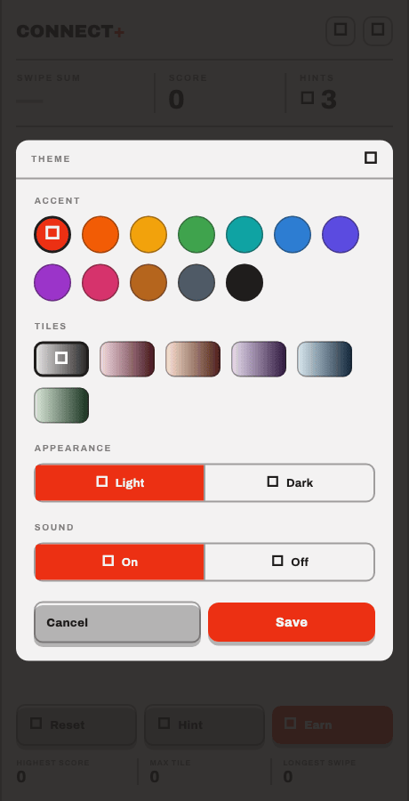 Theme picker showing accent colors and tile palettes.