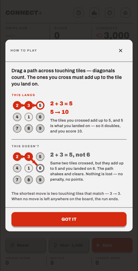 The how-to-play card. It teaches the rule with two worked examples side by side: under This Lands, a path across 2 and 3 landing on 5, doubling it to 10; under This Doesn't, the same 2 and 3 landing on 6, which adds up to 5 and so clears with no penalty.